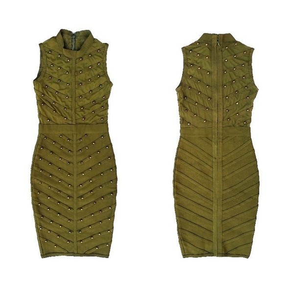 Olive Green Sleeveless Halter Mesh Ribbed Bodycon Bronze Studded Dress Sz Small - Picture 1 of 7